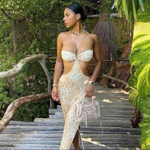 Leopard Print Cut Out Halter Maxi Dress Tropical NWT